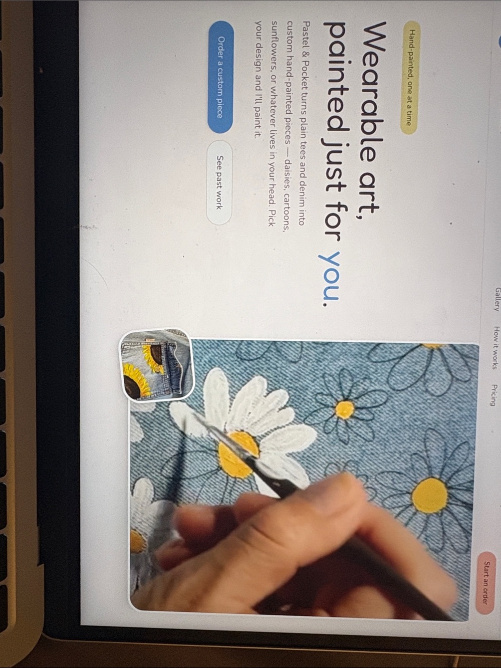 Hand-Painted Daisy Denim Pocket Tee – Blue with White & Yellow Daisy Design